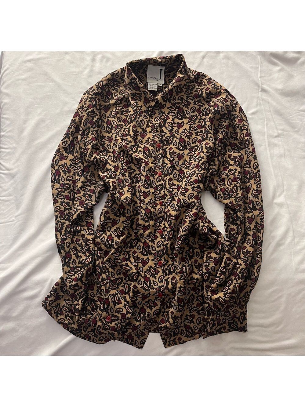 Vintage 80s Studio J 100% Silk Paisley Blouse Tan Red Black 8